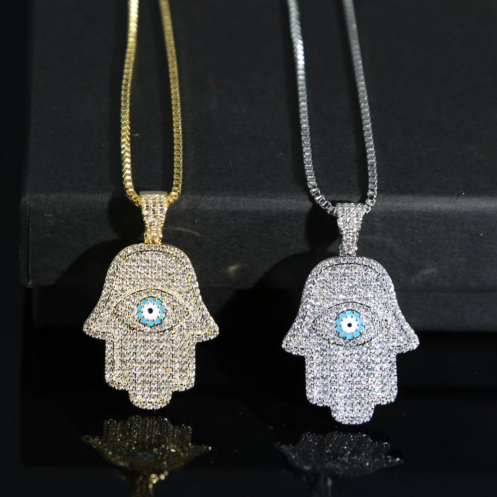 Women wholesale hip hop necklaces jewelry with blue cz paved hamsa hand charm pendant necklace with box chain paved jewelry