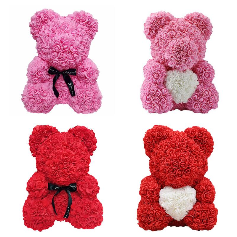 25cm Rose Bear Ribbon in Gift Box Artificial Flowers Foam Rose Teddy Bear Mother Valentine Day Gifts For Women Drop Shipping