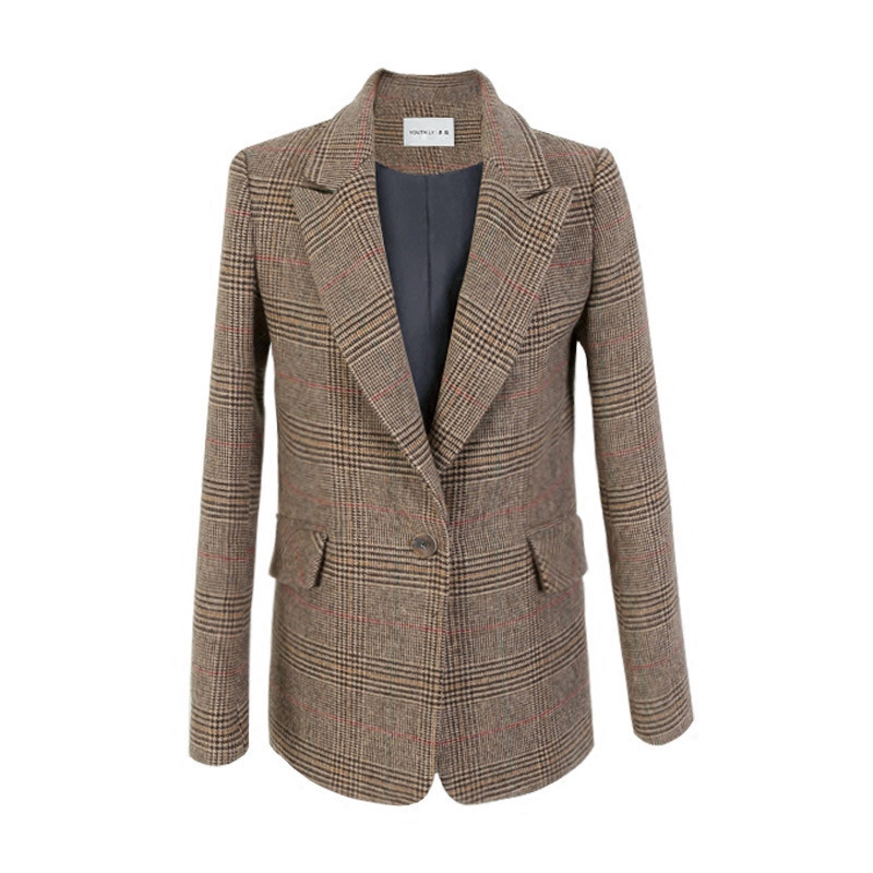 Women Blazers And Jackets Spring Autumn Fahion Plaid Single Button Long Sleeve Casual Short Coats Famale Pockets Outwear 201114