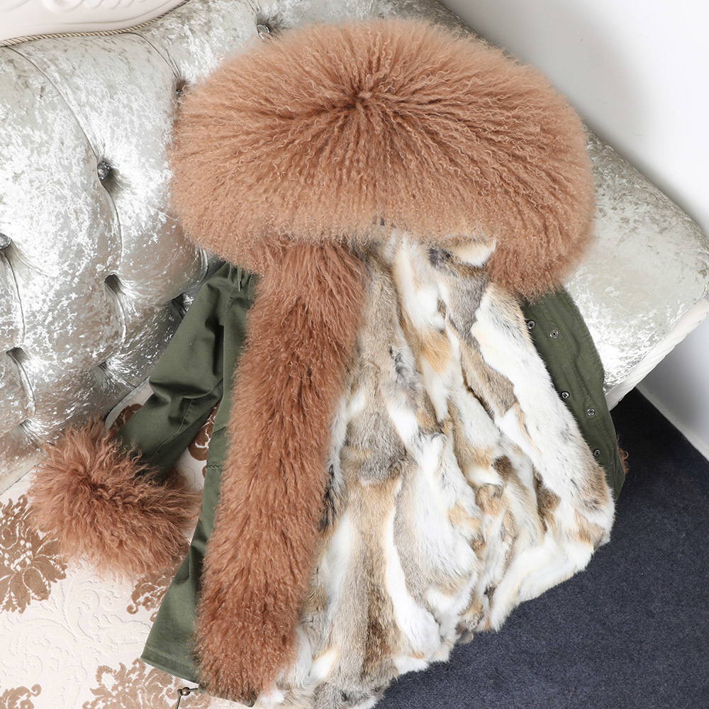 Women real bunny lined park with cotton black natural collar winter jacket woman parkas Women's fur coat 201103