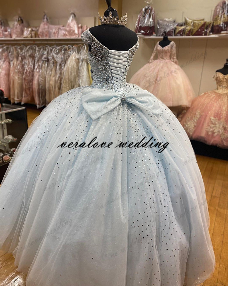 Light Blue Off Shoulder Beads Princess Quinceanera Dress Ball Gown Sweet 15 Party Gowns Appliques Lace Custom Mexican Prom Dress