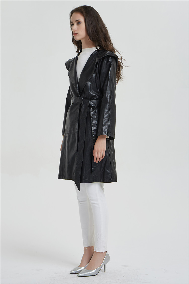 JS0098J-New womens leather jacket in autumn and winter medium long slim hood micro trumpet sleeve fashion leather trench coa 201030