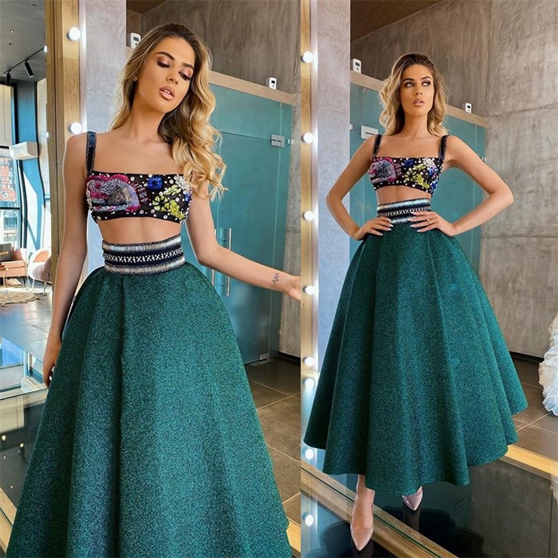 Two Pieces Evening Dresses Waistless Ruched A Line Prom Dresses Sexy Spaghetti Appliqued Beads Custom Made Knee Length Formal Party Gown