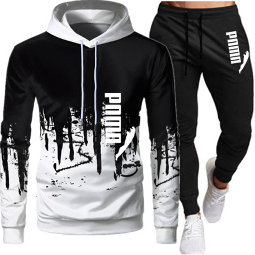 2021 new men's European and American printed hooded long-sleeved casual sweater suit