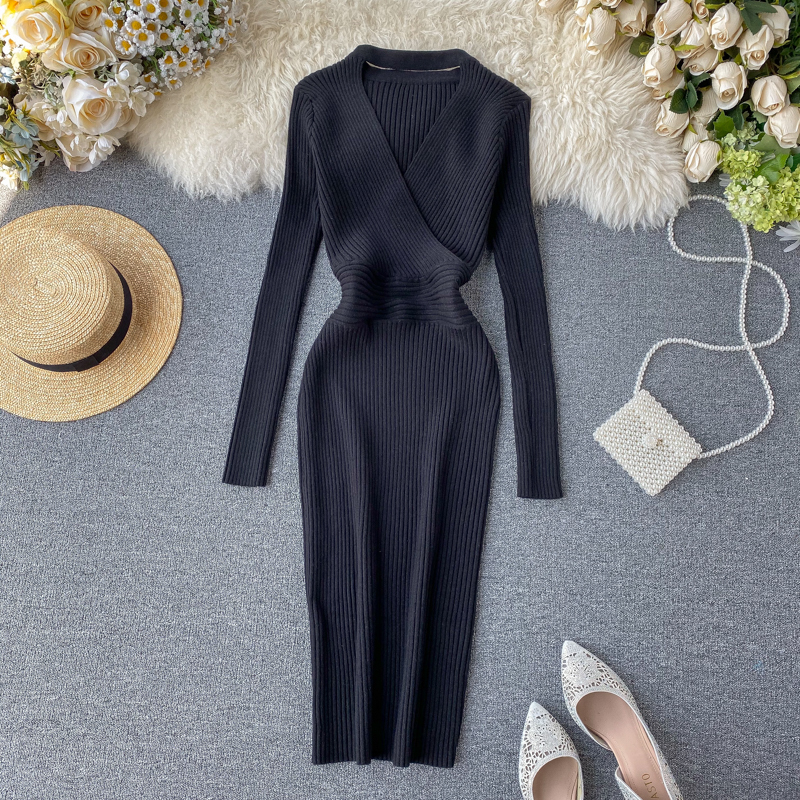 Slim Knitted Halter Neck Dress Sexy Hollow Out Knit Sweater Midi Dress Bodycon Party Long Sleeve Winter Women Pencil Dress 201110