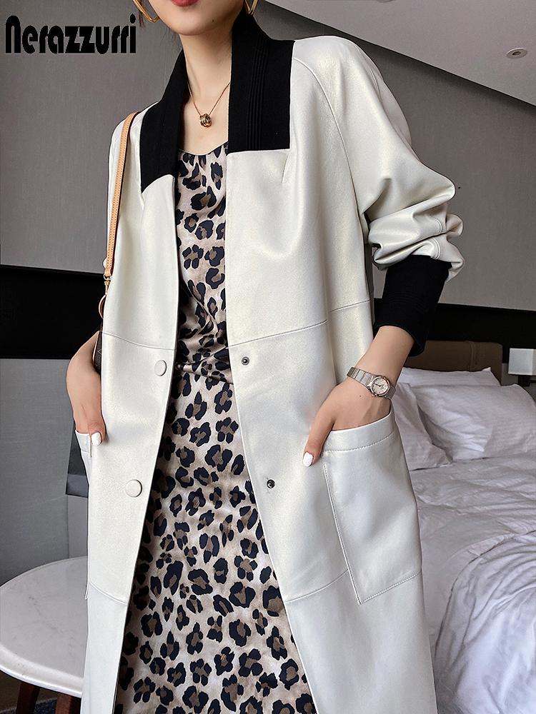 Nerazzurri Soft long leather coat women v neck raglan sleeve pockets Fall faux leather jacket for women plus size fashion 201030