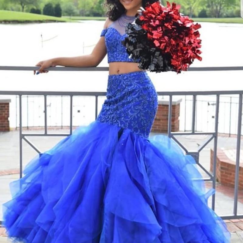 Compare with similar Items vRoyal Blue Mermaid Prom Dresses Sexy Two Pieces Tulle Long Party Dress Glamorous Lace Applique Beaded Form