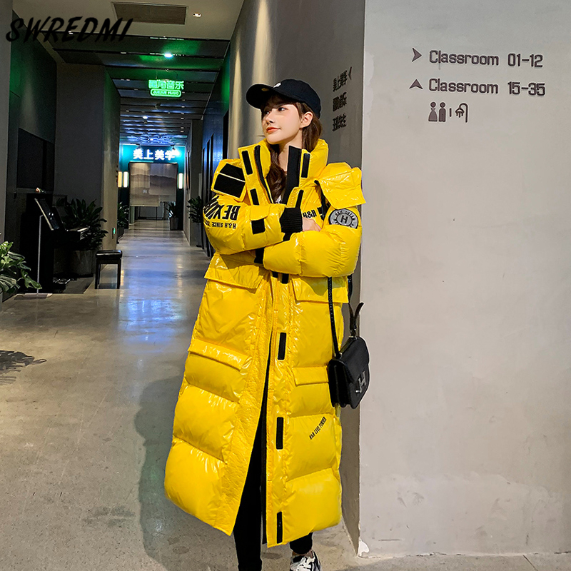 Glossy Winter Jackets Women Hooded Waterproof Female Jacket Fashion Winter Coat Long Reflective Jacket Warm Parkas SWREDMI 201126