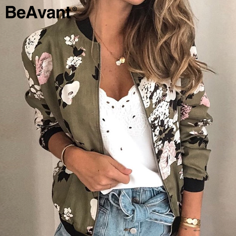 BeAvant Casual personalized floral print coat Zipper VNeck long sleeve women jacket Fashion street style slim autumn 201017