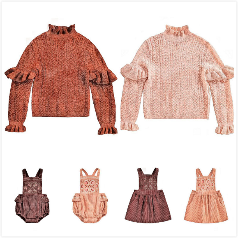 Pre-sale 2020 Autumn and Winter LM Same Style Girls Ruffled Knitted Corduroy Embroidered Overalls SetsX1019