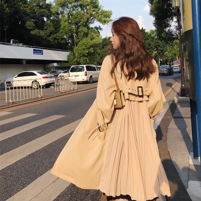 FTLZZ Women's Trench Coat Long Spring Coats Female Fashion Pleated Chiffon Splice Thin Outwear Loose Trench Coat For Women 201111