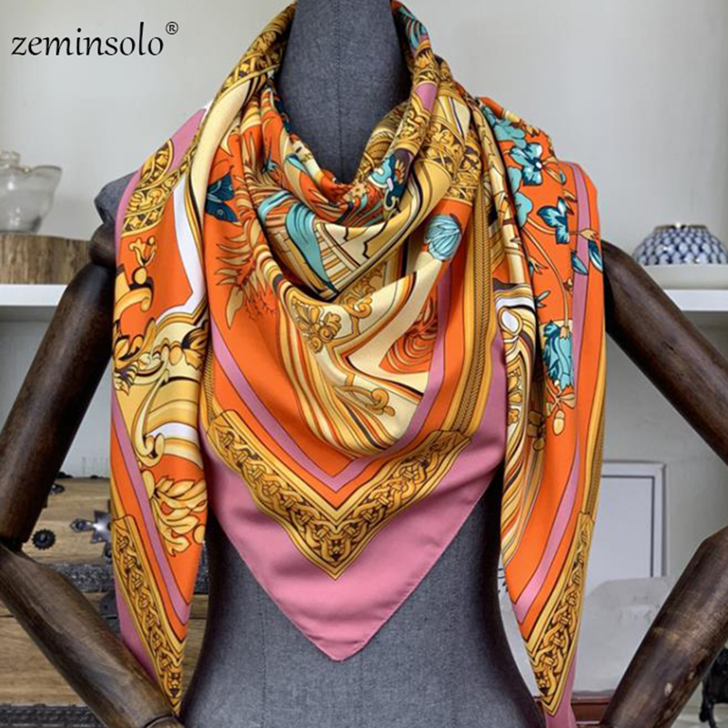 130* Silk Square Scarf Women Scarves Printed Foulard Big Hijab Bandana Lady Neckerchief High Quality Silk Scarves Shawls LJ201112