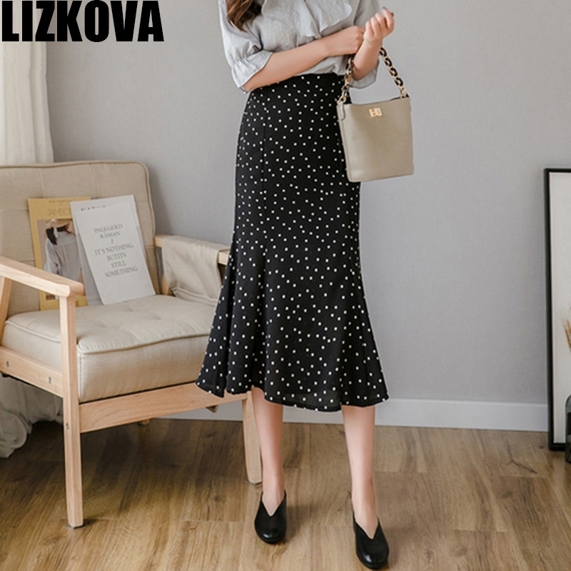 Spring Summer Black Polka Dots Chiffon Skirt Korean Style Women High Waist Mermaid Skirt Elegant Midi Skirt 201110