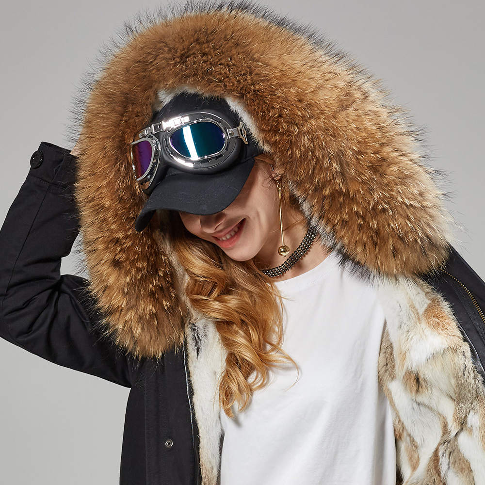 maomaokong Black fox fur Collar winter coat women jacket Natural Fur Bunny Lined Jacket Coats 201027