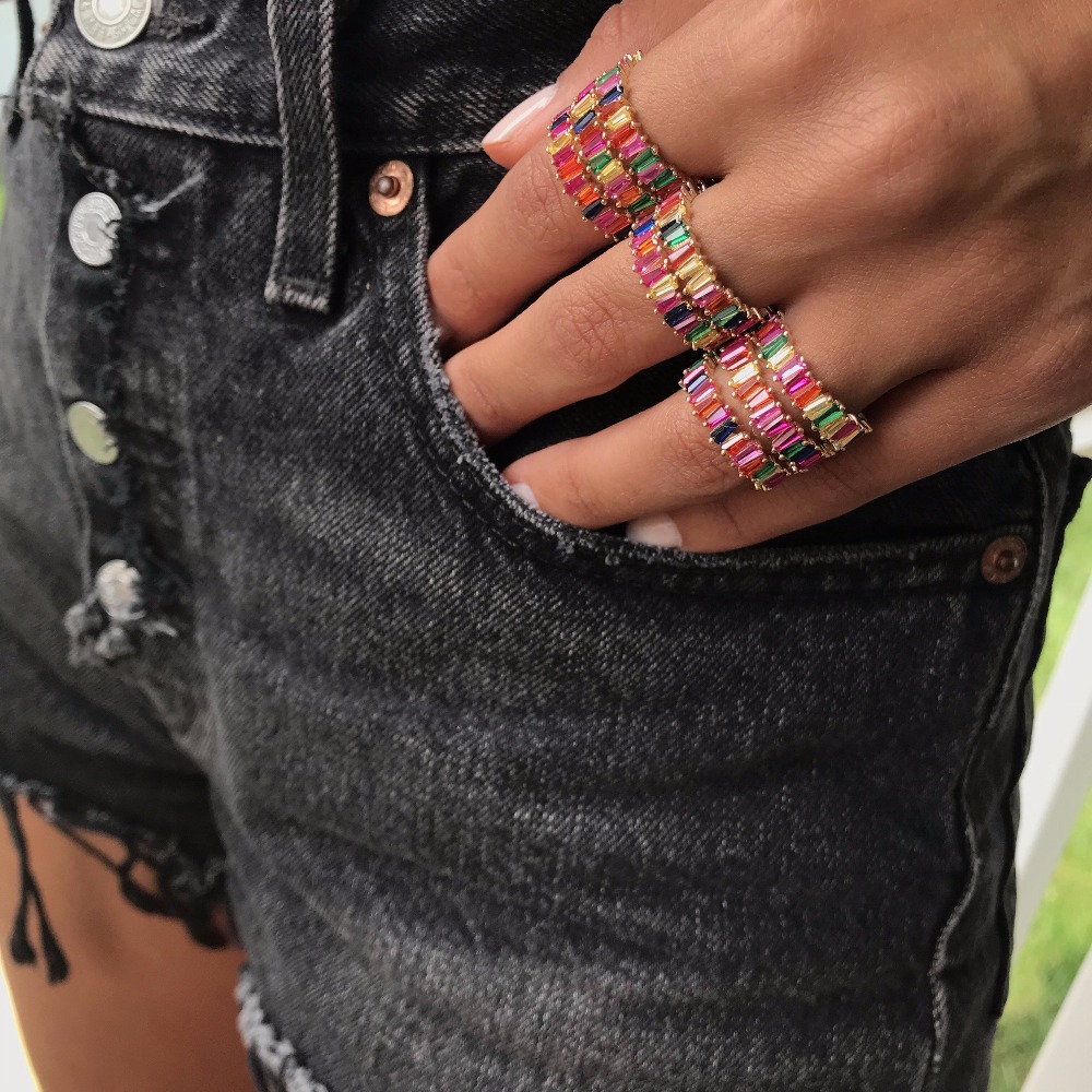 2024 Gold Color Rainbow Baguette CZ Engagement Band Top Quality Cubic Zirconia Colorful Finger Eternity Band Ring