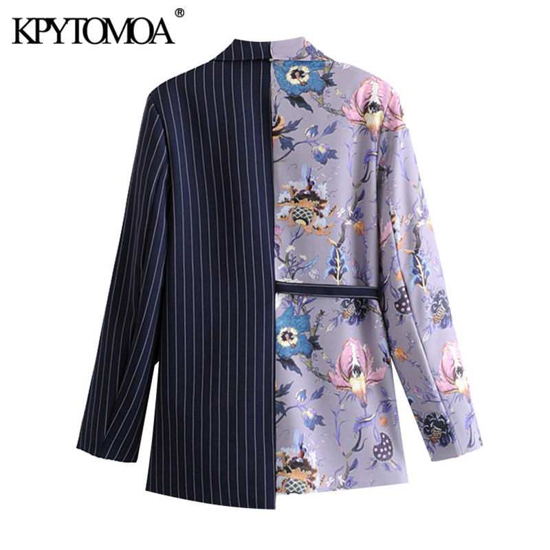 KPYTOMOA Women Fashion Office Wear Floral Print Patchwork Blazer Coat Vintage Pockets With Belt Female Outerwear Chic Tops 201106