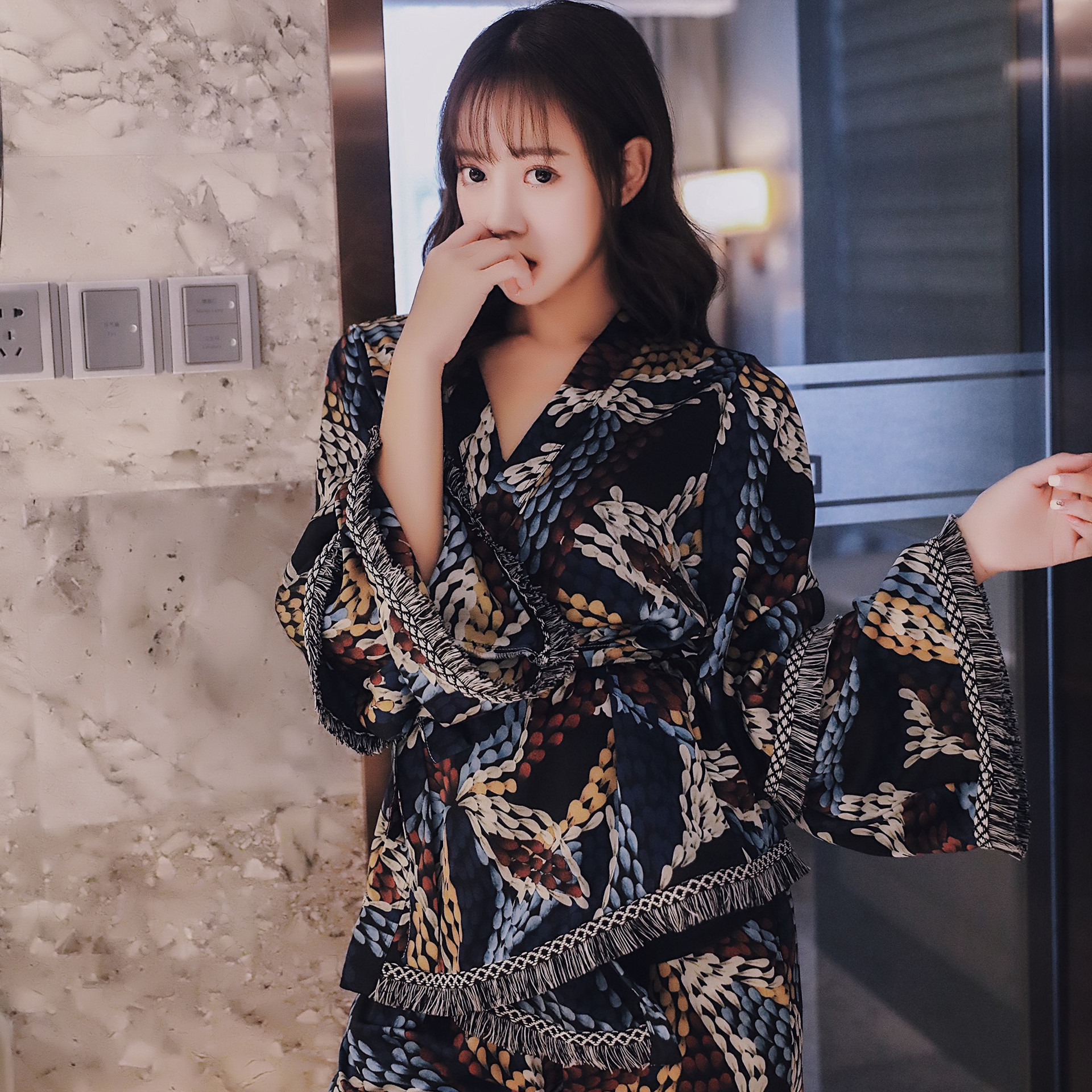 Cute Sweet Widesleeved Robes with Shorts Pajamas Set Three Pcs Set Women's Home Clothes Ladies Kimono Threepiece Woman Clothes T200429