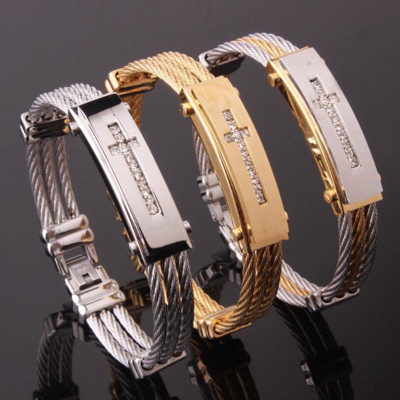 Fashion Male Cross Cable Bangles Gold Color Titanium Steel Jesus Cross Charm Cuff Wire Bracelets Jewelry For Men
Fashion Male Cross Cable Bangles Gold Color Titanium Steel Jesus Cross Charm Cuff Wire Bracelets Jewelry For Men