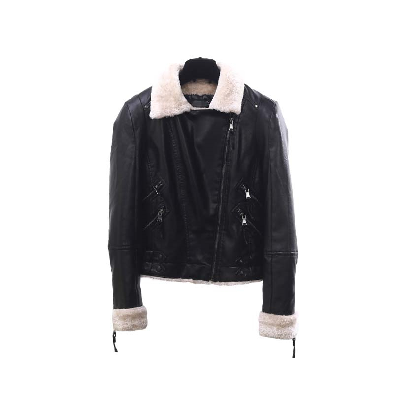 Fall Winter Cropped Sherpa Faux Leather Biker Jacket for Women Faux Fur Lined Punk Rock Ladies Black PU Leather Jacket 201030