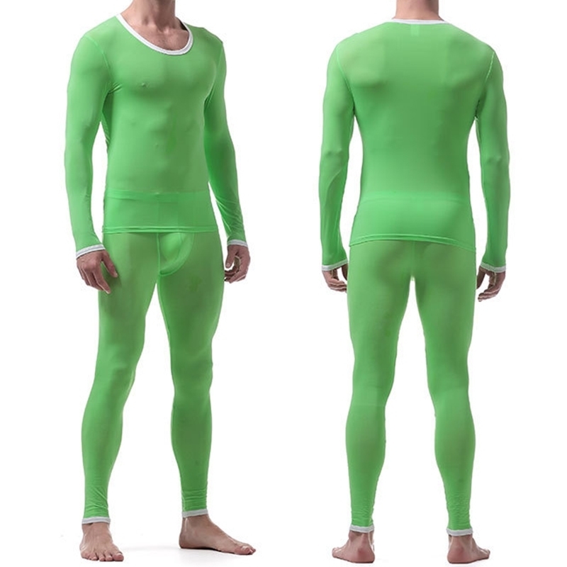 Sexy Male Long Johns Men's Thermal Underwear Sleepwear Ice Silk Lounge Tight Translucent Long Sleeve Undershirt Trousers Set 201023