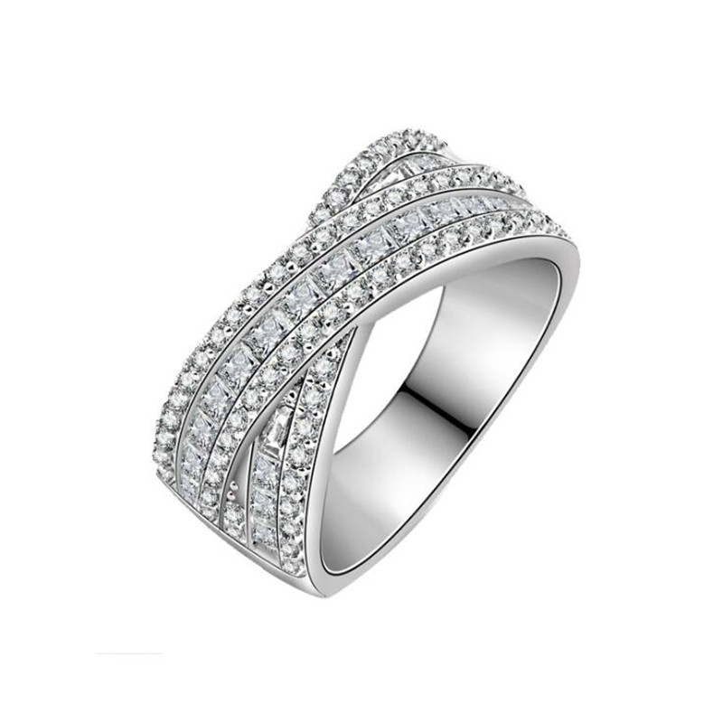 Luxury Jewelry Brand New 925 Sterling Silver Princess Cut White Topaz CZ Diamond Cross Ring Eternity Women Wedding Engagement Band Ring Gift