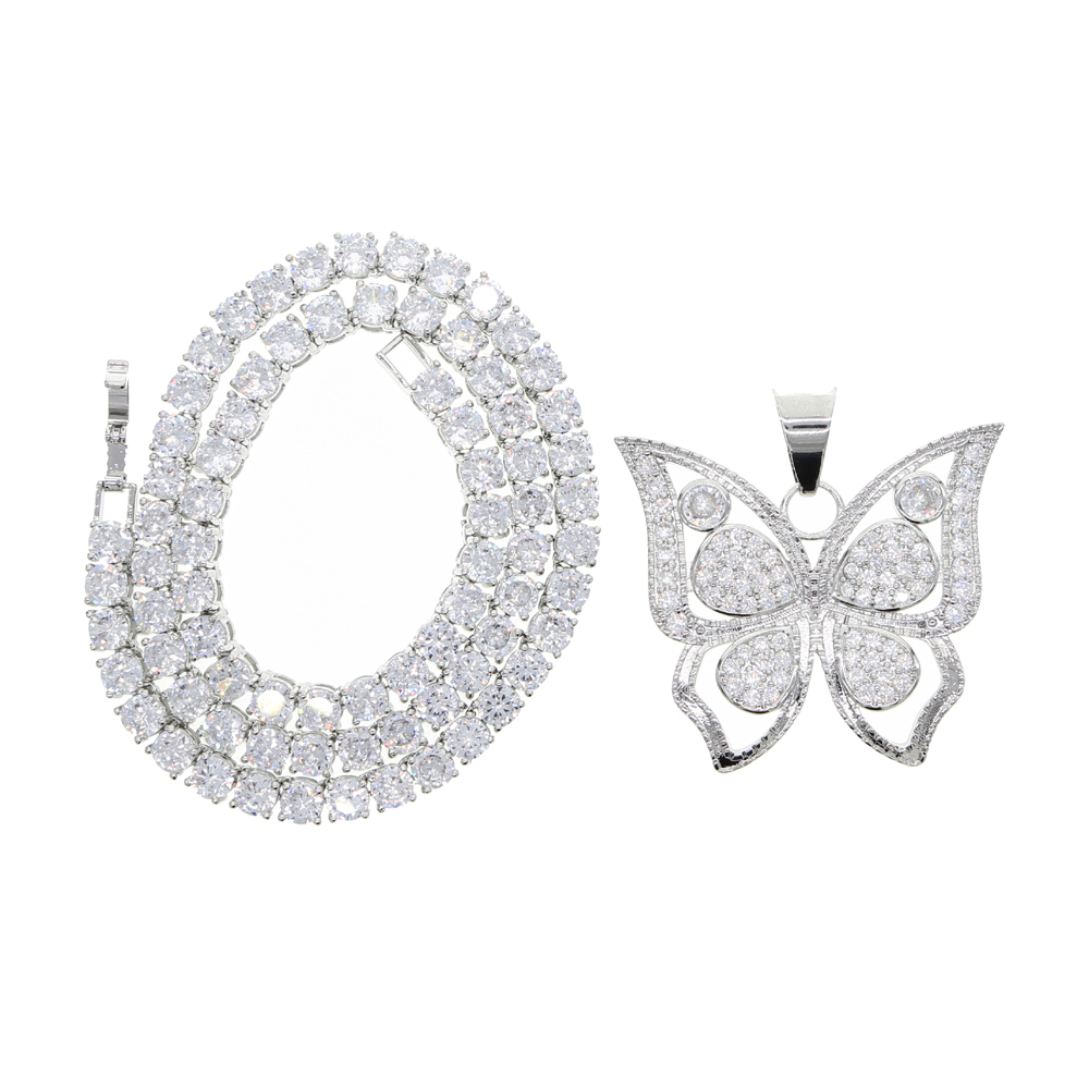 Large big Butterfly pendant with 5mm cz tennis chain necklace for women hip hop Jewelry with silver plated wholesale