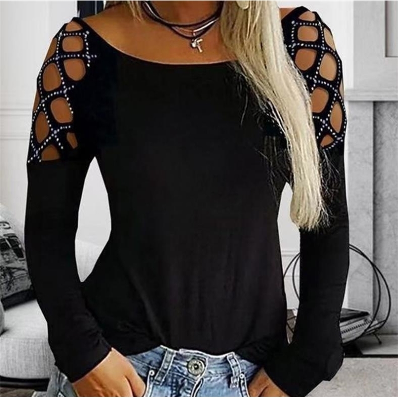 Women Tops And Blouses Plus Size Female Clothing Fashion Casual Crew Neck Hollow-Out Studded Women Long Sleeve Shirt 201126