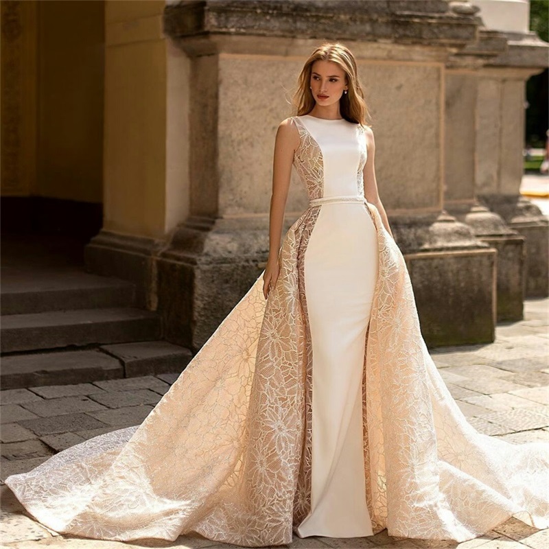 Champagne White Mermaid Wedding Dresses With Detachable Train Appliques Lace Bridal Gowns Ruched Satin Jewel Sleeveless Vestidos De Novia