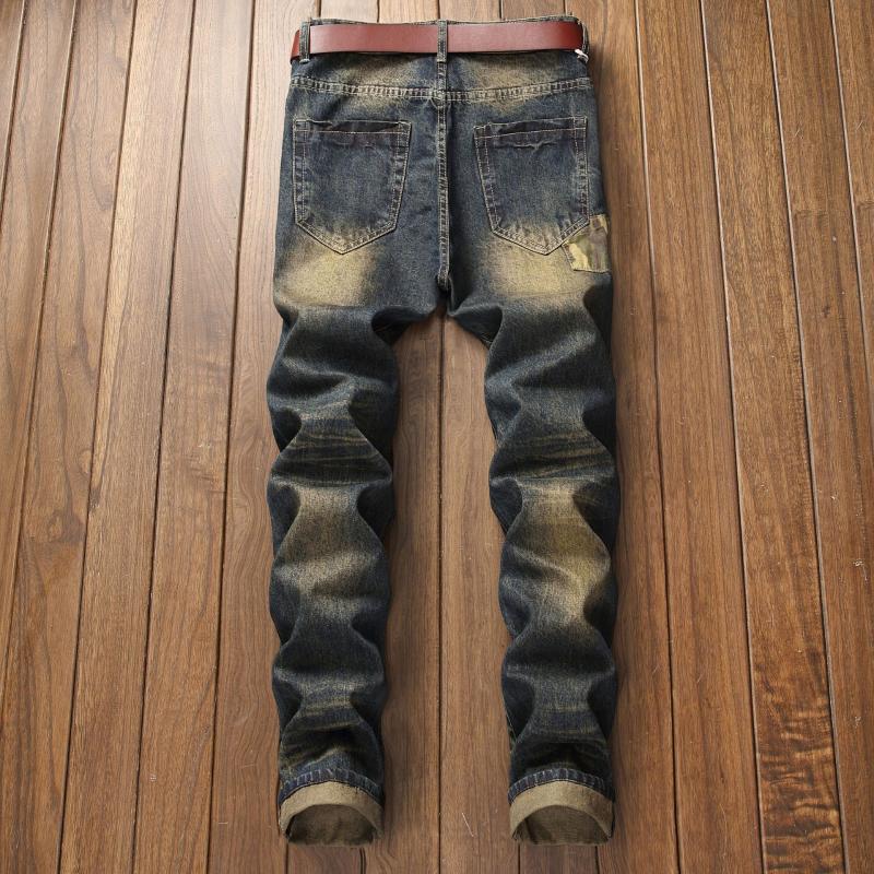 Men's Jeans High Quality Straight Slim Fit Ripped Men Pleated Wash Zapped Patchwork Denim Trousers Motorcycle Biker Vintage Jean Pants