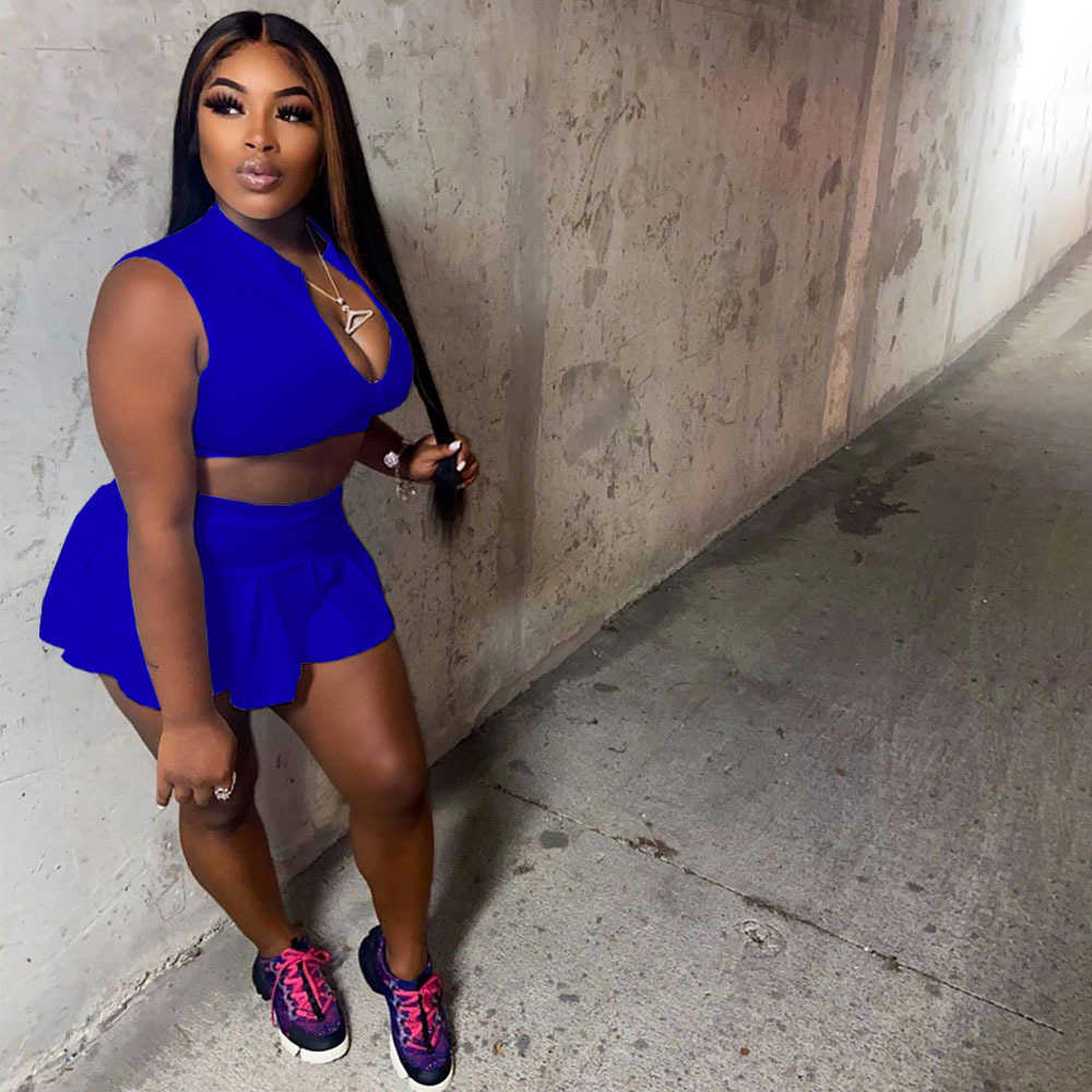 women's fashion casual sexy solid color pleated slim fit vest skirt pants sports two-piece set