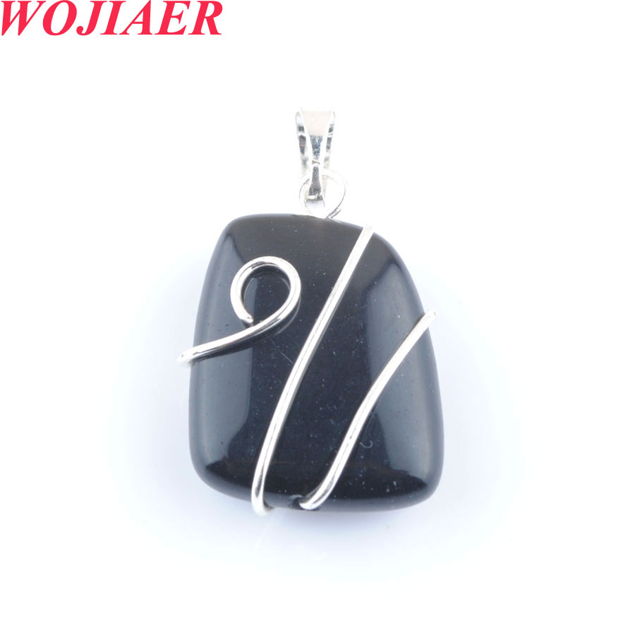 WOJIAER Natural Stone Trapezoidal Pendant Healing Silver-color Wire Wrap Crystal Pink Quartz Necklaces Jewelry for Women DBO914