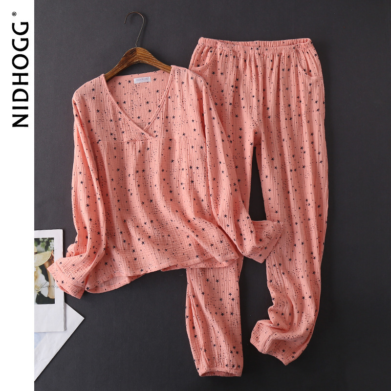 Women's Cotton Water-washed Texture Crepe Gauze Long-sleeved Trousers Pajamas V-Neck Pyjamas Women Geometric Sleepwear Pijamas 201027