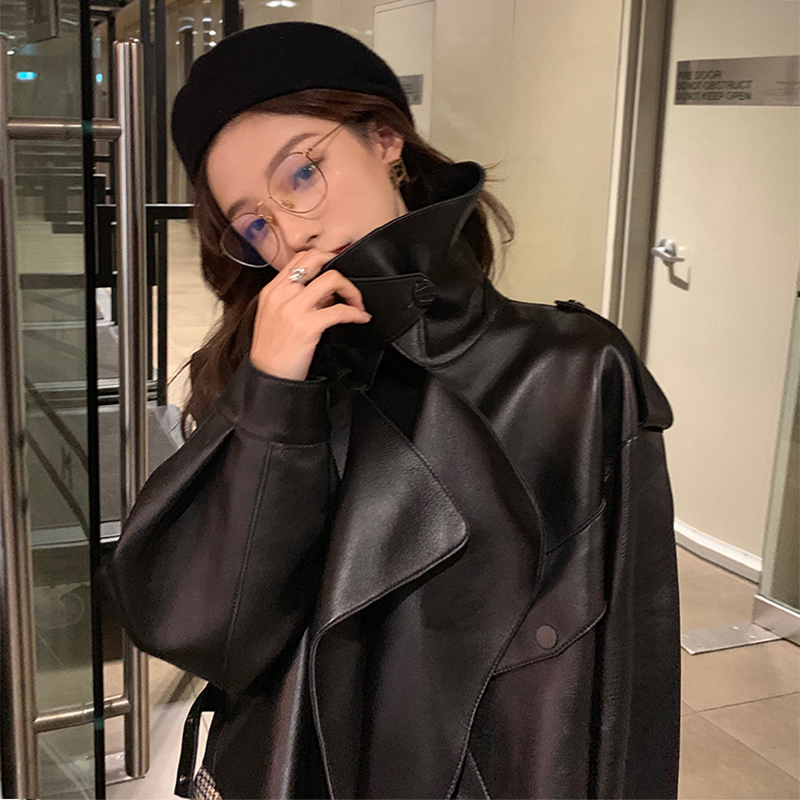 Nerazzurri Spring black leather jacket women Oversized pu leather new fashion women jackets Plus size faux leather coat 6xl 201226
