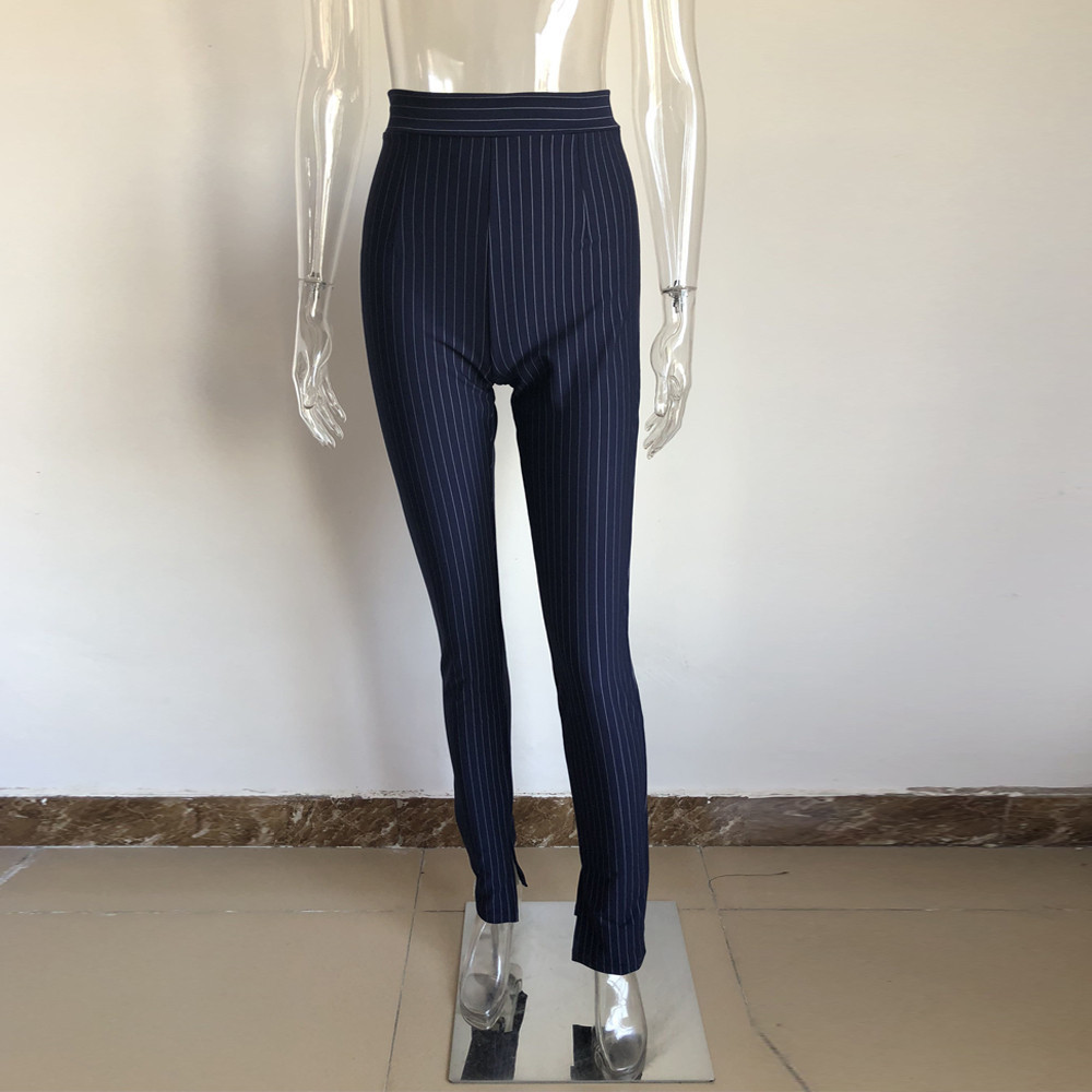 Xllais black and white striped pants Office lady high waist pencil Pants Low Slit Legging Slim Casual Elegant Work Wear 201106