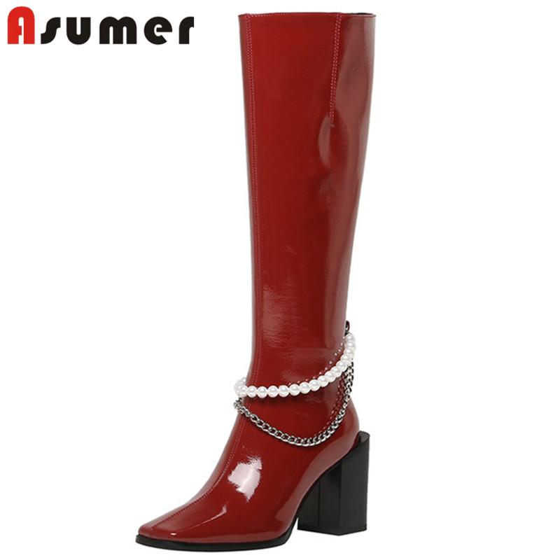 Asumer 2021 hot sale patent leather knee high boots women square toe pearl autumn winter high heel boots ladies party shoes, Black with fur
Asumer 2021 hot sale patent leather knee high boots women square toe pearl autumn winter high heel boots ladies party shoes, Black with fur