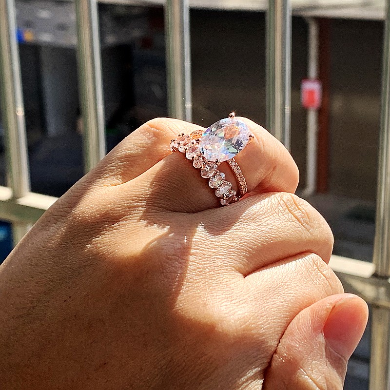 Rose Gold Oval Cut CZ Dia Engagement Ring Set for Women, Sterg Sier Bridal Wedding Band , Cubic Zirconia 2024 Gift 0f3e