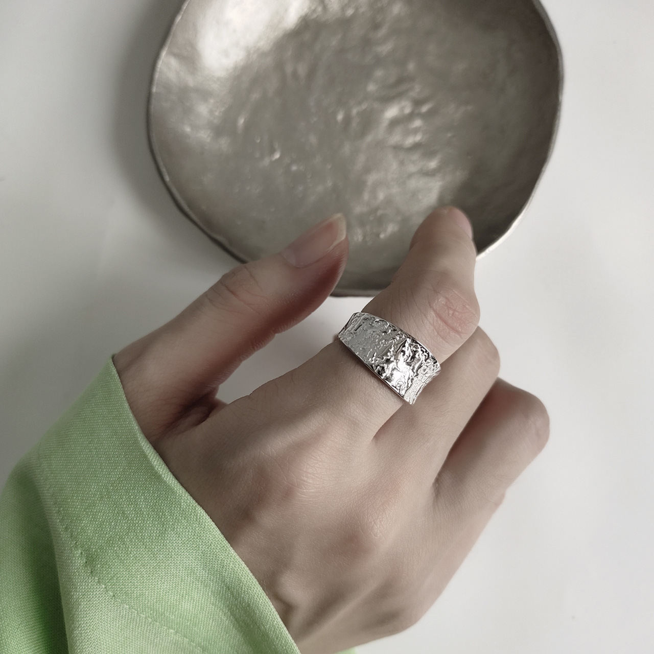 New minimalism 925 sterling silver handmade jewelry irregualar texture designer adjustable rings open rings Rhodium plating gift for women