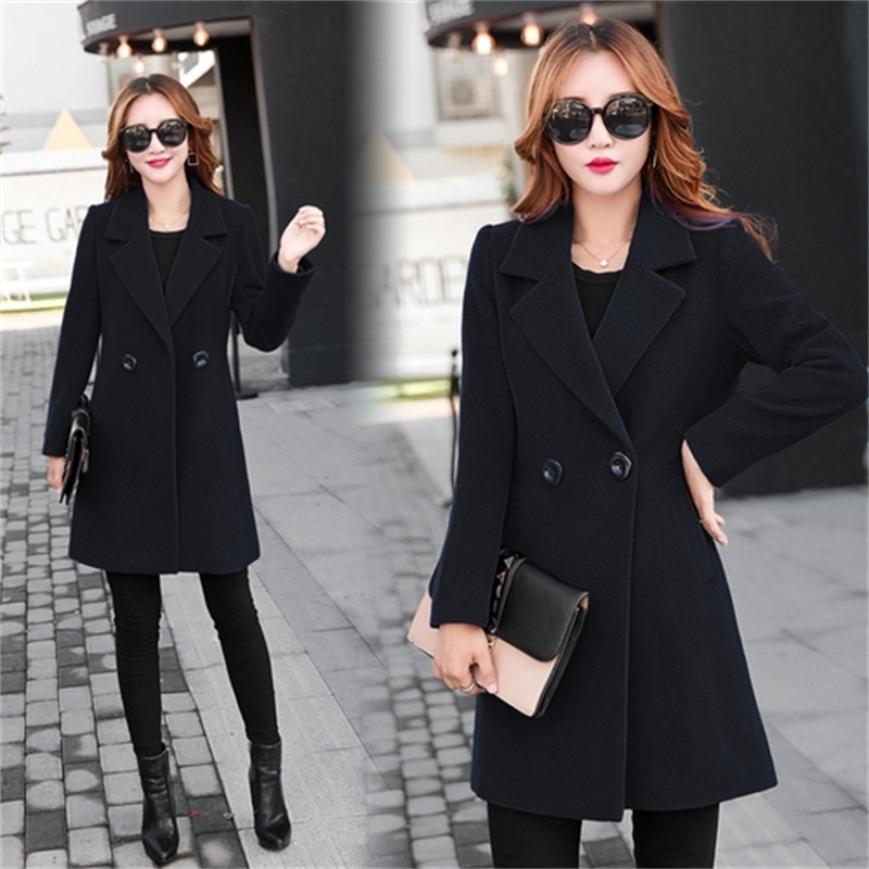 New Autumn Winter Long Wool Coat Women Slim Turn-down Collar Coats Woman Korean Black Coats Casaco Feminino Plus Size Red 201102