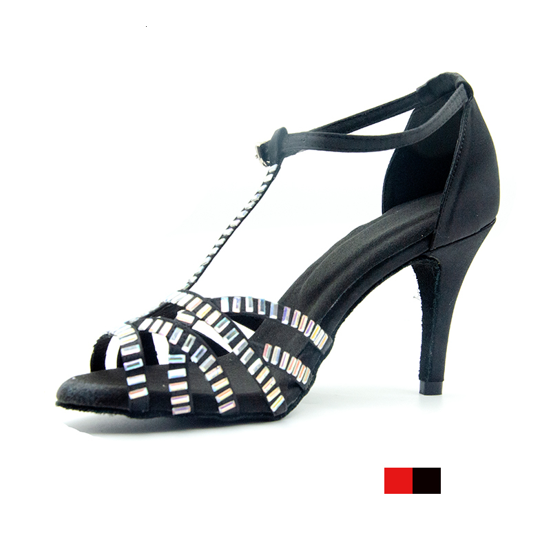 2021 New Woman Rhinestone Ballroom Latino Dance Black Red Soft Bottom Bachata Salsa Dancing Shoes for Wedding Kid Latin Dance-shoes R0gs, Red-6cm