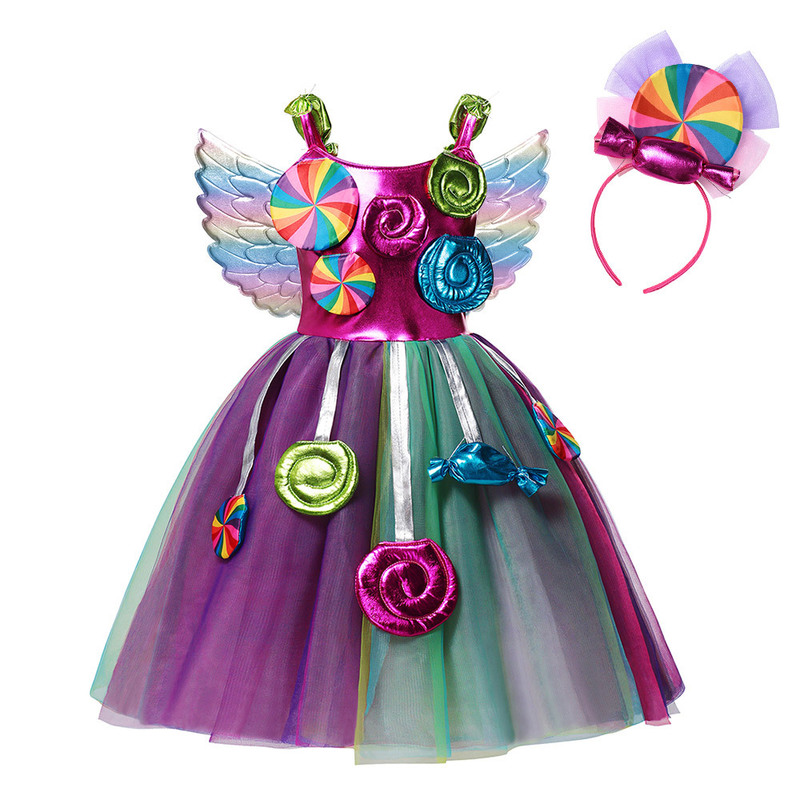 Sweet Candy Girl Clothes Summer Kids Carnival Frock Little Birthday Fancy Rainbow Tutu Dress with Hairband Child Party Gown 220310