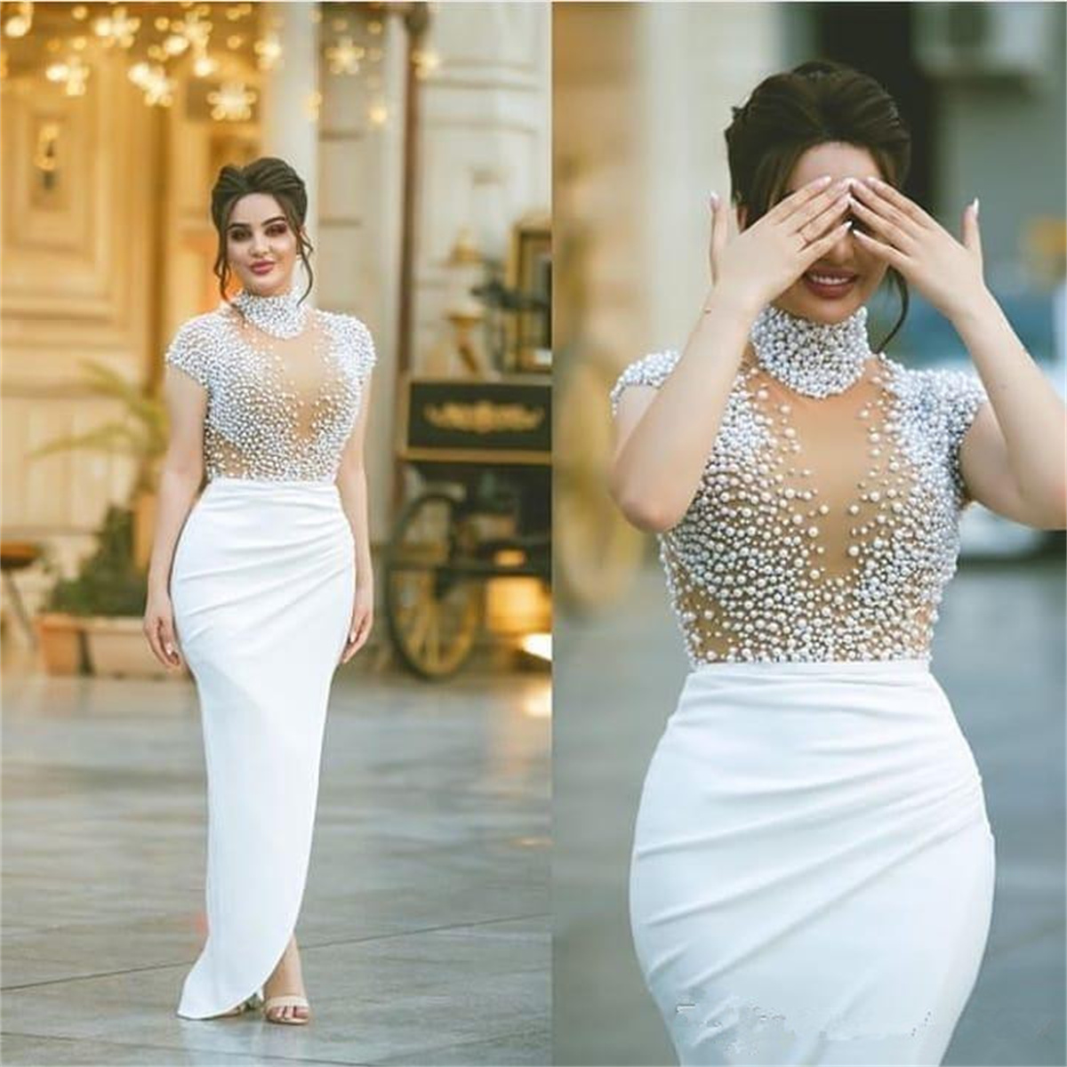 Sexy Beaded Wedding Dress White High Neck Illusion See Through Short Sleeves Formal Dresses Plus Size Gown