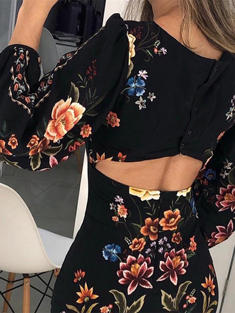 Elegant Fashion Women Slim Fit Leisure Casual Bodycon Mini Dress Female Cutout Back Bishop Sleeve Floral Dress T200106