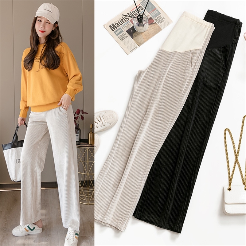 988# Autumn Winter Thick Corduroy Maternity Pants Wide Leg Loose 9/10 Belly Pants Clothes for Pregnant Women Pregnancy Trousers LJ201120