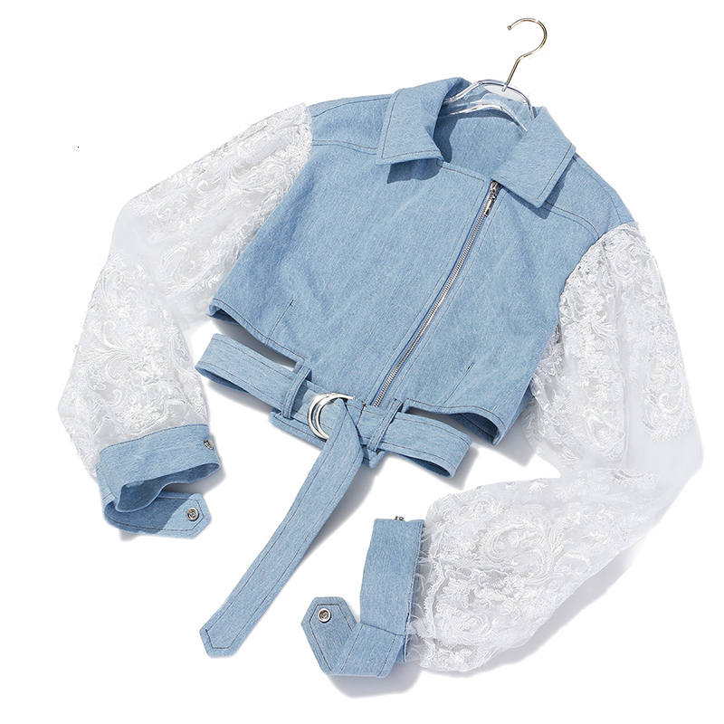 EAM Loose Fit Lace Split Joint Blue Denim Jacket Lapel Long Sleeve Women Coat Fashion Spring Autumn 1D638 201029