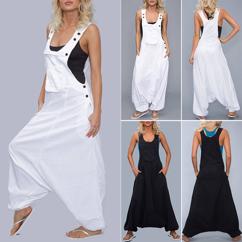 Women Loose Jumpsuit Casual Overalls Drop Crotch Romper Pockets Sleeveless 2019 Summer Jumpsuits T200107