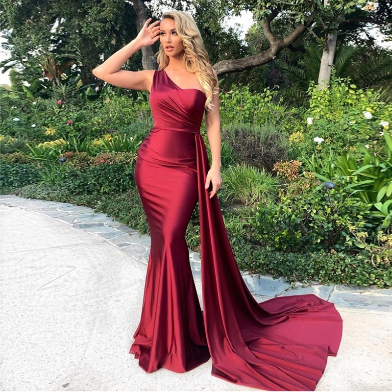 Elegant One Shoulder Maxi Dress Robe Burgundy Sleveless Draped Bodycon Floor Length Long Evening Party Dress Gown T200604