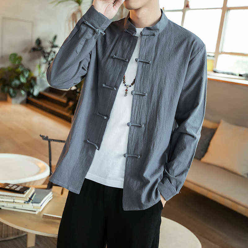Chinese Style Shirt Men Cotton Linen Vintage Casual Chemise Men Long Sleeve Cotton Linen Chinese Style Shirts Kung Fu Tai Chi Ta G0105