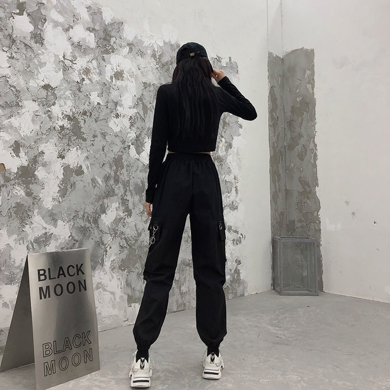 Women's Cargo Pants Buckle Ribbon Pocket Jogger Elastic Waist High Streetwear Harajuku Punk Ring Chain Females Trousers 201106