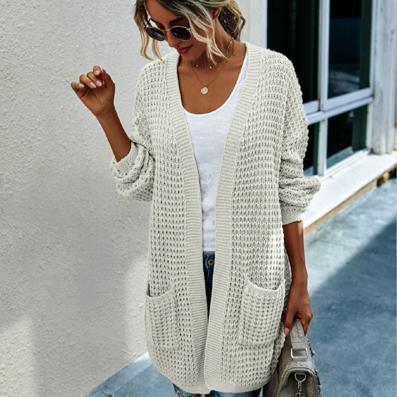 Autumn New Knitted Sweater Long Cardigan Contrast Color Loose Sweater Coat Women's long sweater 201023