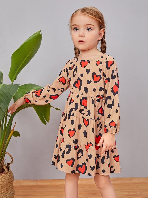 Toddler Girls Heart Print Lantern Sleeve Ruffle Hem Dress SHE